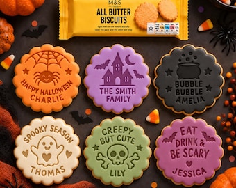 Personalised Halloween Cookie Stamp with Cutter | Fits M&S Biscuits | Custom Fondant Embosser | Custom Text Baking Stamp