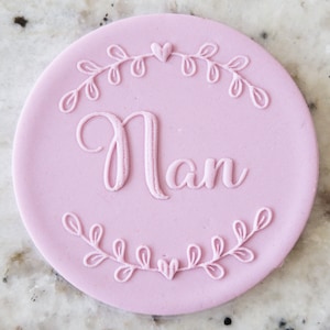 May include: A pink round cake topper with a white floral design and the word "Nan" in a cursive font.