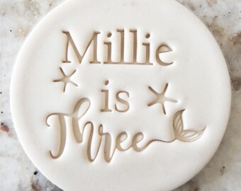CUSTOM Pick Your Name and Age with Mermaid Tail Birthday Cookie Biscuit Stamp Fondant Cake Decorating Icing Cupcakes Stencil