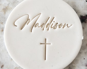 CUSTOM Name with Cross Cookie Biscuit Stamp (Fits M&S) Personalised Fondant Decorating Icing Cupcakes Stencil Christening Baptism Communion