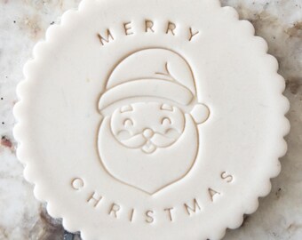 Wesołych Świąt z twarzą Świętego Mikołaja, stempel do ciastek, fondant, dekorowanie ciast, lukier, babeczki, szablon, Boże Narodzenie