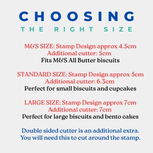 May include: A guide to choosing the right size for cookie cutters. The guide lists three sizes: M&S, Standard, and Large. Each size includes the approximate stamp design size and the additional cutter size in centimeters. The guide also notes that a double-sided cutter is an additional extra needed to cut around the stamp.