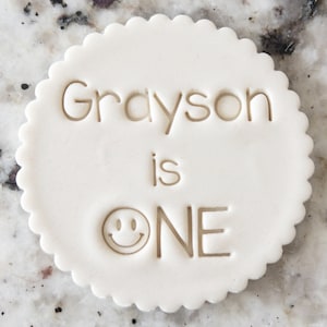 CUSTOM Name is One with Happy Face Cookie Biscuit Stamp (Fits M&S) Personalised Fondant Cake Decorating Icing Cupcakes Stencil Clay