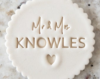 CUSTOM Mr and Mrs with Heart with Date 4 Cookie Biscuit Stamp Fondant Cake Decorating Icing Cupcakes Stencil Wedding Clay