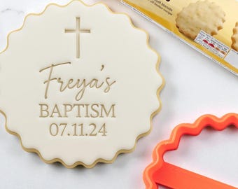 Personalised Baptism with Name and Date Custom Cookie Biscuit Stamp to make Toppers from Fondant to fit M&S Size All Butter Biscuits