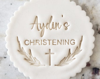 CUSTOM Christening with Name With Cross And Wreath Cookie Biscuit Stamp Fondant Cake Decorating Icing Cupcakes Stencil Clay