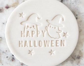 Feliz Halloween con fantasmas y estrellas, sello para galletas, fondant, decoración de pasteles, glaseado, cupcakes, plantilla
