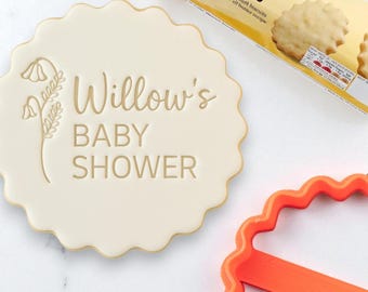 Personalised Baby Shower Name with Flower Cookie Biscuit Stamp to make Toppers from Fondant to fit M&S Size All Butter Biscuits