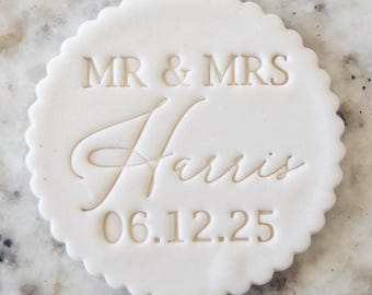 CUSTOM Names Mr and Mrs with Date 7 Cookie Biscuit Stamp Fondant Cake Decorating Icing Cupcakes Stencil Wedding Clay