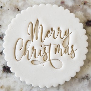 Merry Christmas Script Cookie Biscuit Stamp Fondant Cake Decorating Icing Cupcakes Stencil Christmas