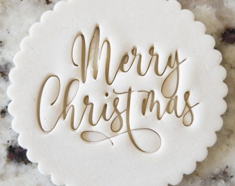 Merry Christmas Script Cookie Biscuit Stamp Fondant Cake Decorating Icing Cupcakes Stencil Christmas