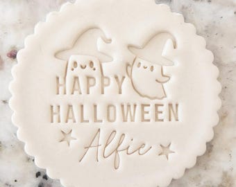 Nombre personalizado con Feliz Halloween y fantasmas, galleta, sello, fondant, decoración de pasteles, glaseado, cupcakes, plantilla de arcilla