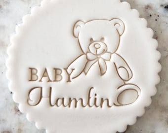CUSTOM Baby Name With Teddy Bear Cookie Biscuit Stamp Personalised (Fits M&S) Fondant Cake Decorating Icing Cupcakes Stencil