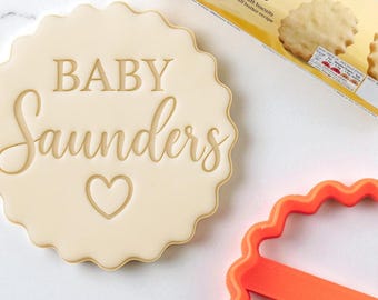 Personalised Baby Name with Heart Custom Cookie Biscuit Stamp to make Toppers from Fondant to fit M&S Size All Butter Biscuits