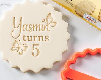 Personalised Name and Age with Butterfly Birthday Custom Cookie Biscuit Stamp for Toppers from Fondant to fit M&S Size All Butter Biscuits