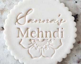 CUSTOM Name Mehndi with Floral Biscuit Stamp (Fits M&S) Personalised Fondant Cake Decorating Icing Cupcakes Stencil Wedding Clay Indian