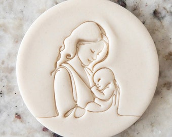 Mamma che culla il bambino, biscotto, timbro, fondente, decorazione per torte, glassa, cupcake, stencil per la festa della mamma