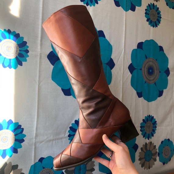 60s style brown leather patchwork boots with match