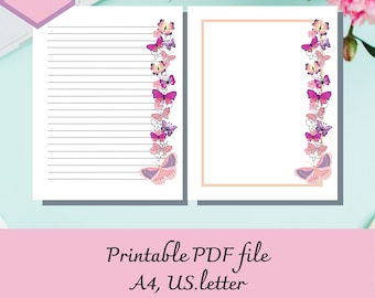 Butterfly printable paper,butterfly lover gift, printable stationary, printable notepad, lined paper, letter and A4 file