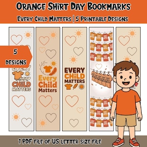 Peut inclure: Téléchargement numérique de cinq marque-pages imprimables pour la Journée du chandail orange. Chaque motif de marque-page comprend le texte « Every Child Matters », des cœurs, des soleils et des t-shirts orange. L'expression « 5 Designs » est également incluse.