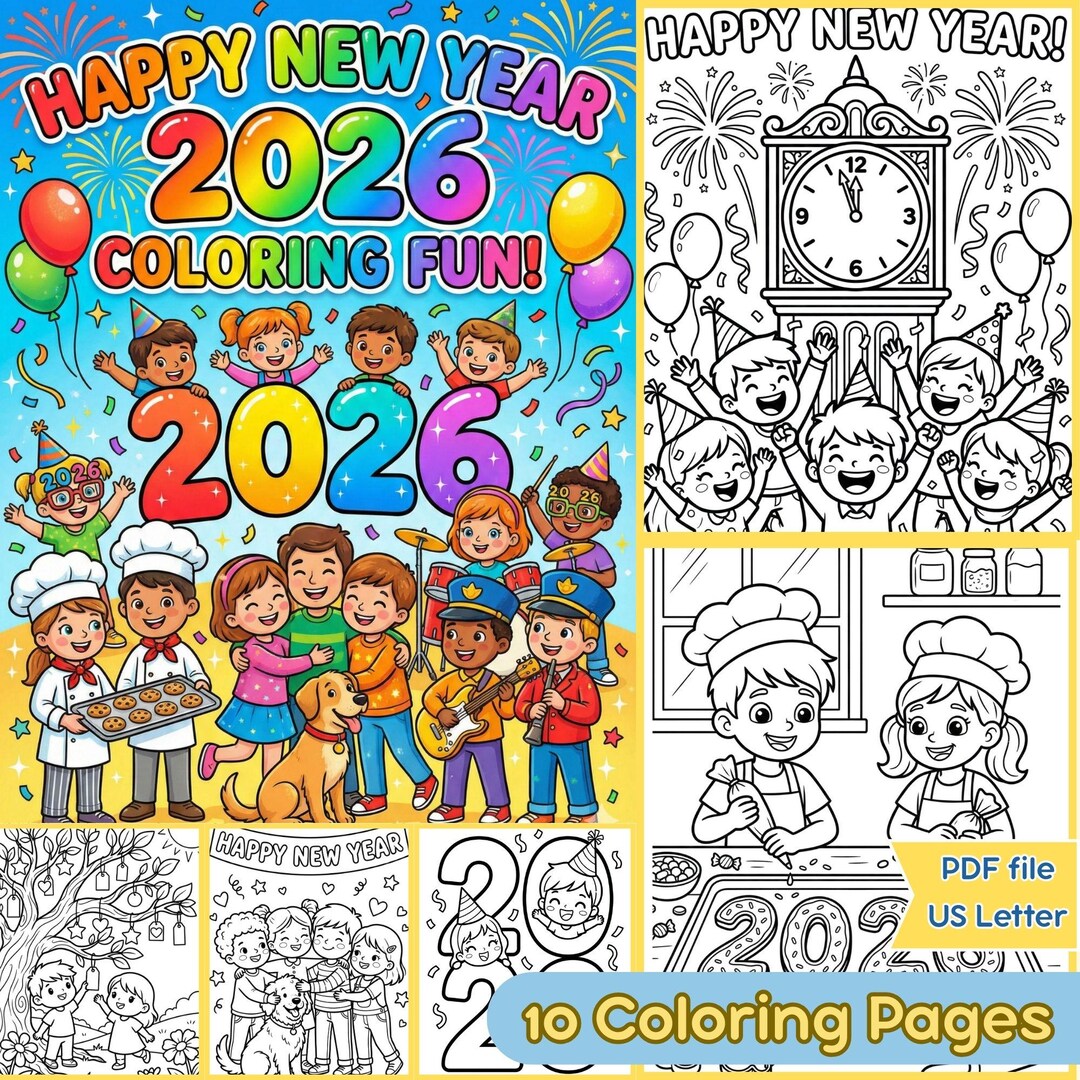 New Year 2026 Coloring Pages for Kids | Cute Printable New Year ...