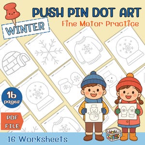 May include: A set of 16 winter-themed push pin dot art worksheets for fine motor practice. The worksheets feature images of snowflakes, snow globes, and sweaters. The image also includes two cartoon children holding up examples of the dot art.