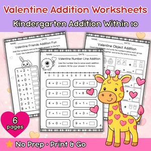 Op de afbeelding: Werkbladen voor optellen voor Valentijnsdag voor de kleuterschool. De werkbladen bevatten optelsommen tot 10, met afbeeldingen van een konijn, monster, cupcakes en harten. De tekst op de afbeelding luidt "No Prep • Print & Go".