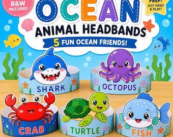 Bandeaux animaux océaniques à imprimer | Requin Poulpe Crabe Tortue Chapeaux | Activité océan pour enfants