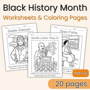 May include: Black History Month worksheets and coloring pages. The image shows three black and white coloring pages featuring Bessie Coleman, Martin Luther King Jr., and Rosa Parks. The image also includes the text "20 pages" and "PDF file".