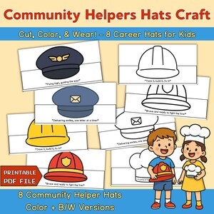 Peut inclure: Un fichier PDF imprimable pr&eacute;sentant huit chapeaux de m&eacute;tiers pour enfants &agrave; d&eacute;couper, colorier et porter. Les chapeaux incluent un chapeau de pilote, un casque de chantier, un chapeau de facteur et un casque de pompier. Versions couleur et noir et blanc disponibles.