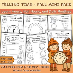May include: Educational printable PDF file for learning time. Includes worksheets for clock parts, building a clock, drawing clock hands, and hour/half-hour practice. Features cute illustrations and activities for kids.