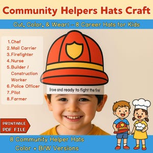 Peut inclure: Un fichier PDF imprimable pour un bricolage pour enfants, avec 8 chapeaux de m&eacute;tiers &agrave; d&eacute;couper, colorier et porter. L'image montre un enfant portant un chapeau de pompier. Les chapeaux incluent un chef, un facteur, une infirmi&egrave;re et un policier. Le texte dit "Brave and ready to fight the fire!"