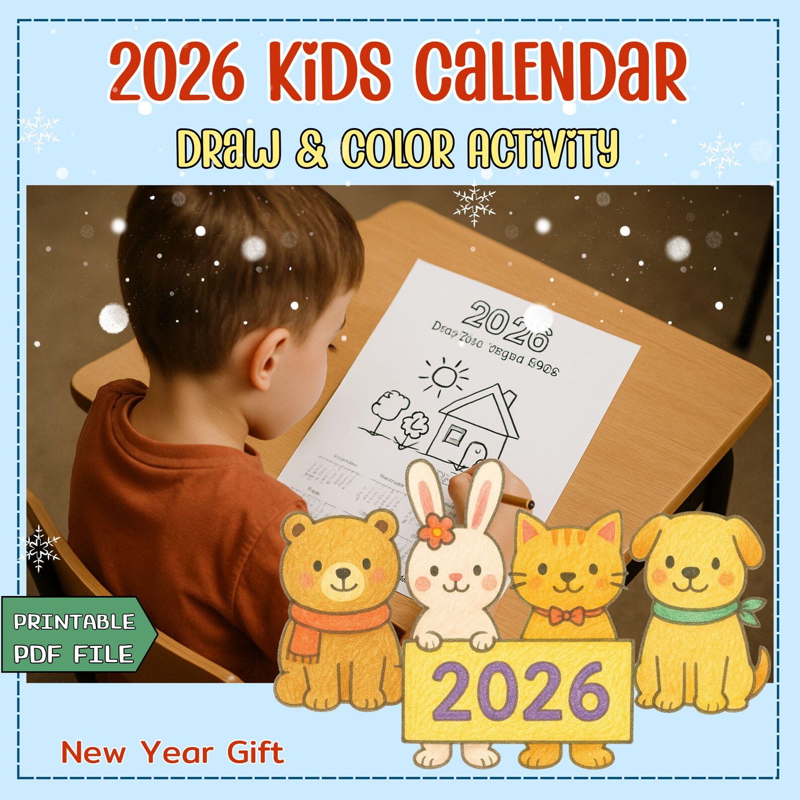 2026 Kids Calendar Printable | Draw & Color Activity | New Year Gift ...