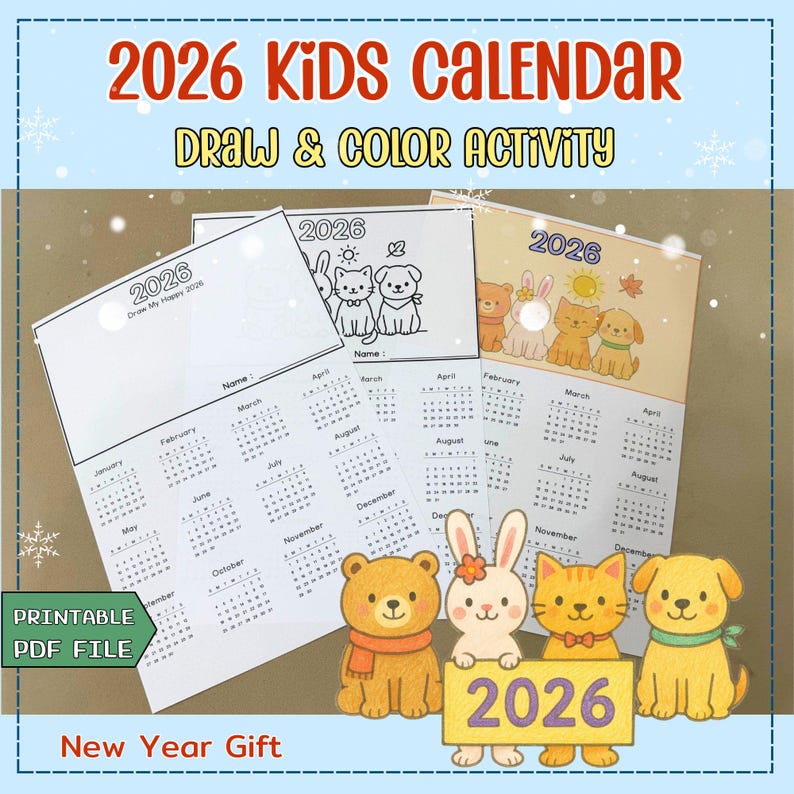 2026 Kids Calendar Printable | Draw & Color Activity | New Year Gift ...