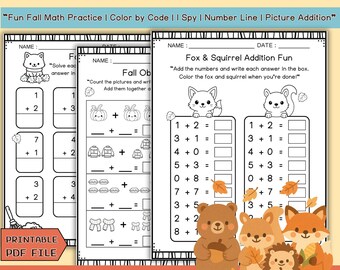 Hojas de trabajo de sumas de un dígito para otoño / Materiales imprimibles de matemáticas para jardín de infancia / Actividades matemáticas de otoño para niños
