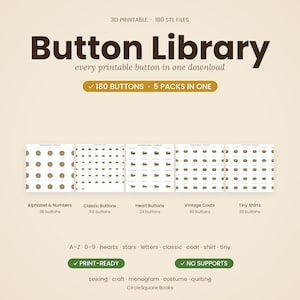 May include: A beige graphic with the text "Button Library" and "every printable button in one download." It includes images of various button styles, such as alphabet, classic, heart, vintage coat, and tiny shirt designs. The image also states "180 buttons" and "5 packs in one."
