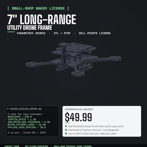 Może przedstawiać: 7-calowa (ok. 18 cm) rama drona użytkowego dalekiego zasięgu, z tekstem "7" LONG-RANGE UTILITY DRONE FRAME". Rama drona jest szara i ma skomplikowany design. Obraz zawiera również tekst o specyfikacjach drona i licencji producenta komercyjnego.