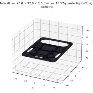 May include: Three views of a black 3D-printed plate. The top view shows the plate's rectangular shape with a handle and several holes. The isometric view displays the plate at an angle. The front view shows a line. The plate measures 7.0 x 9.2 x 0.25 cm.