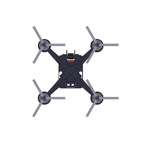 May include: A top-down illustration of a black drone featuring four grey propellers. The drone's body is rectangular with four arms extending outwards, each holding a propeller. The centre of the drone has green and red details.