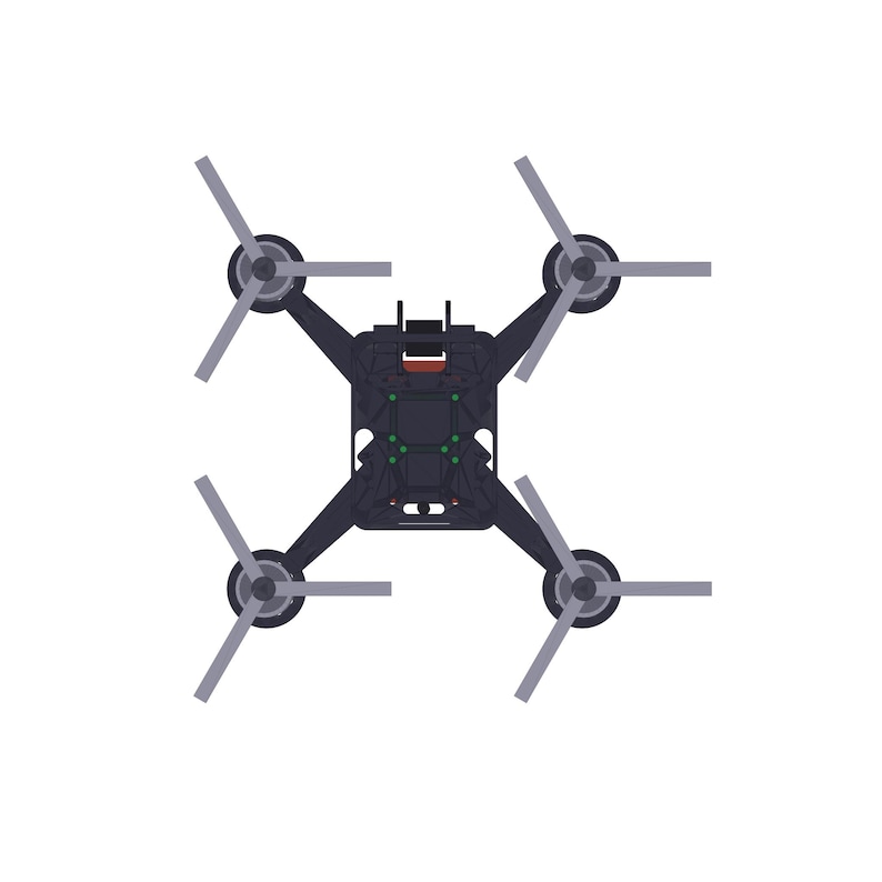 May include: A top-down illustration of a black drone featuring four grey propellers. The drone's body is rectangular with four arms extending outwards, each holding a propeller. The centre of the drone has green and red details.