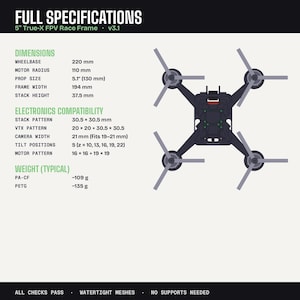May include: A top-down view of a black FPV race frame with four propellers. The image includes specifications: wheelbase 220 mm, prop size 130 mm, and weight -109 g (PA-CF). Text at the top reads "FULL SPECIFICATIONS".