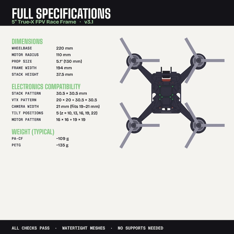 May include: A top-down view of a black FPV race frame with four propellers. The image includes specifications: wheelbase 220 mm, prop size 130 mm, and weight -109 g (PA-CF). Text at the top reads "FULL SPECIFICATIONS".