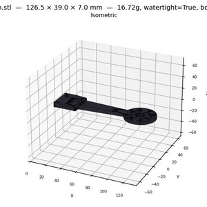 May include: A 3D model of a black arm, measuring 12.65 cm x 3.9 cm x 0.7 cm and weighing 16.72g. The image presents top, isometric, and front views. The text "v3 arm.stl" is visible.