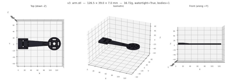 May include: A 3D model of a black arm, measuring 12.65 cm x 3.9 cm x 0.7 cm and weighing 16.72g. The image presents top, isometric, and front views. The text "v3 arm.stl" is visible.
