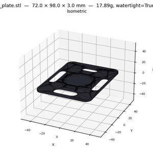 May include: A black, rectangular bottom plate with a central circular indentation and multiple smaller holes. The plate measures 7.2 x 9.8 x 0.3 cm and weighs 17.89g. The image includes top, isometric, and front views.