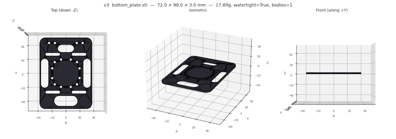 May include: A black, rectangular bottom plate with a central circular indentation and multiple smaller holes. The plate measures 7.2 x 9.8 x 0.3 cm and weighs 17.89g. The image includes top, isometric, and front views.