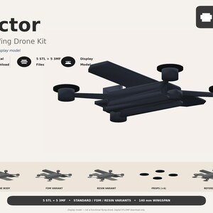 Kit di stampa 3D Vector Drone in formato STL / Modello da esposizione a quattro ali / Licenza commerciale / 5 file STL + 5 file 3MF / Resina FDM / Vendita di stampe finite