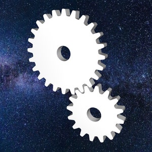 May include: Two white gear wheels, one large and one smaller, interlock against a dark blue and purple starry background. The gears have a 3D effect, with shadows adding depth. The image suggests concepts of mechanics, technology, or teamwork.