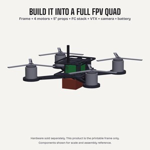 May include: A 3D-rendered FPV quadcopter frame with four motors, propellers, and a central component. The image includes text: "BUILD IT INTO A FULL FPV QUAD" and "Frame + 4 motors + 5" props + FC stack + VTX + camera + battery."