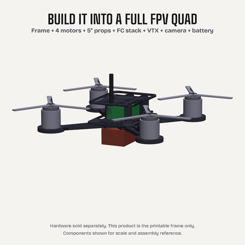 May include: A 3D-rendered FPV quadcopter frame with four motors, propellers, and a central component. The image includes text: "BUILD IT INTO A FULL FPV QUAD" and "Frame + 4 motors + 5" props + FC stack + VTX + camera + battery."